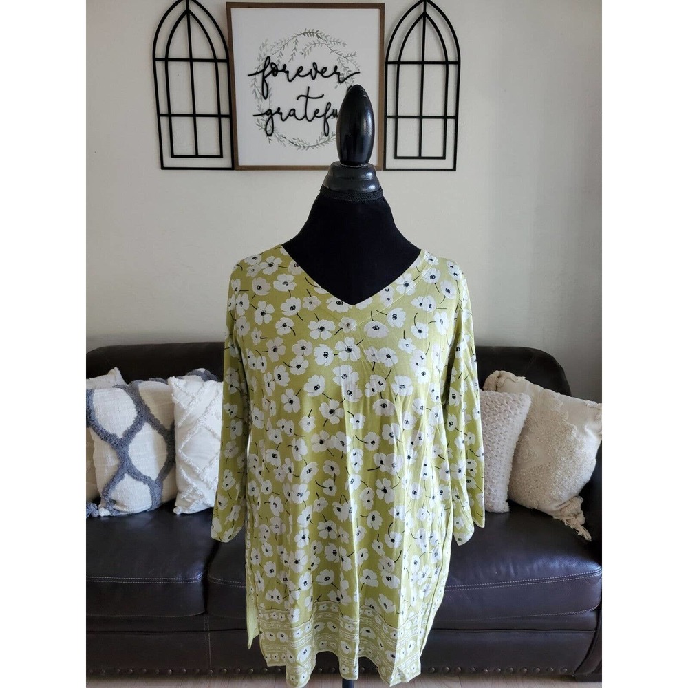 J Jill Green & White Floral Print 3/4 Sleeve Shirt Women's Size M Boho Chic
